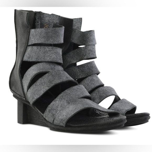 Trippen Zita Gladiator Metallic Leather Strappy Black Wedge Sandal Size 9.5 - Picture 2 of 14